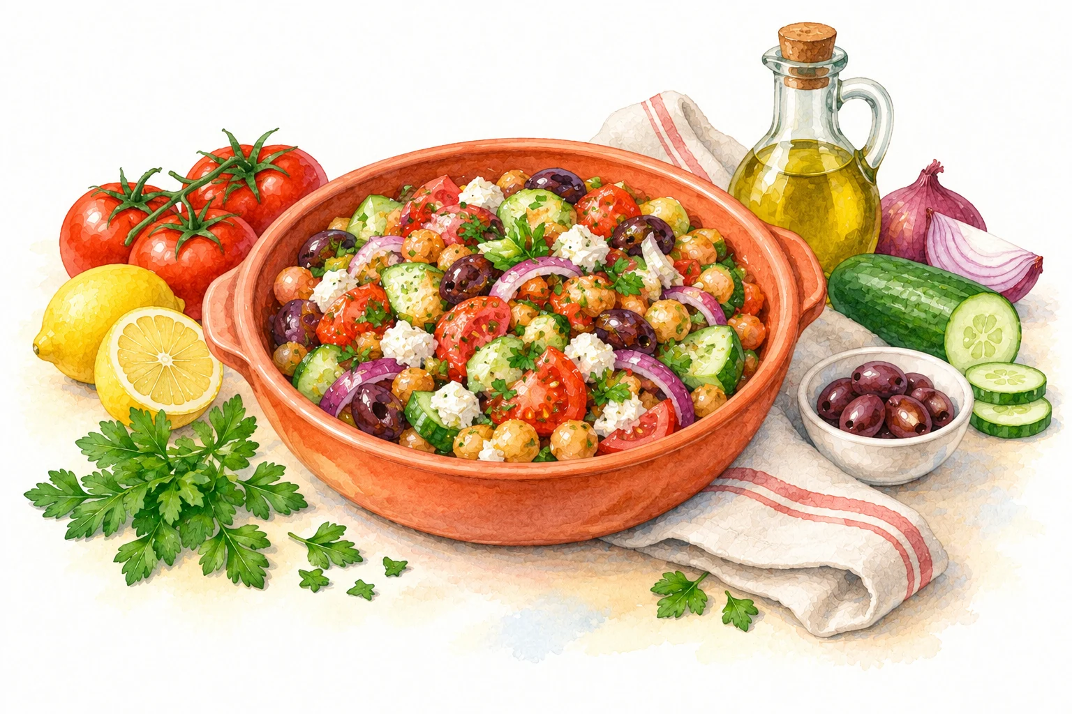 A watercolor Mediterranean table with tomatoes, lemons, herbs and a fresh chickpea salad
