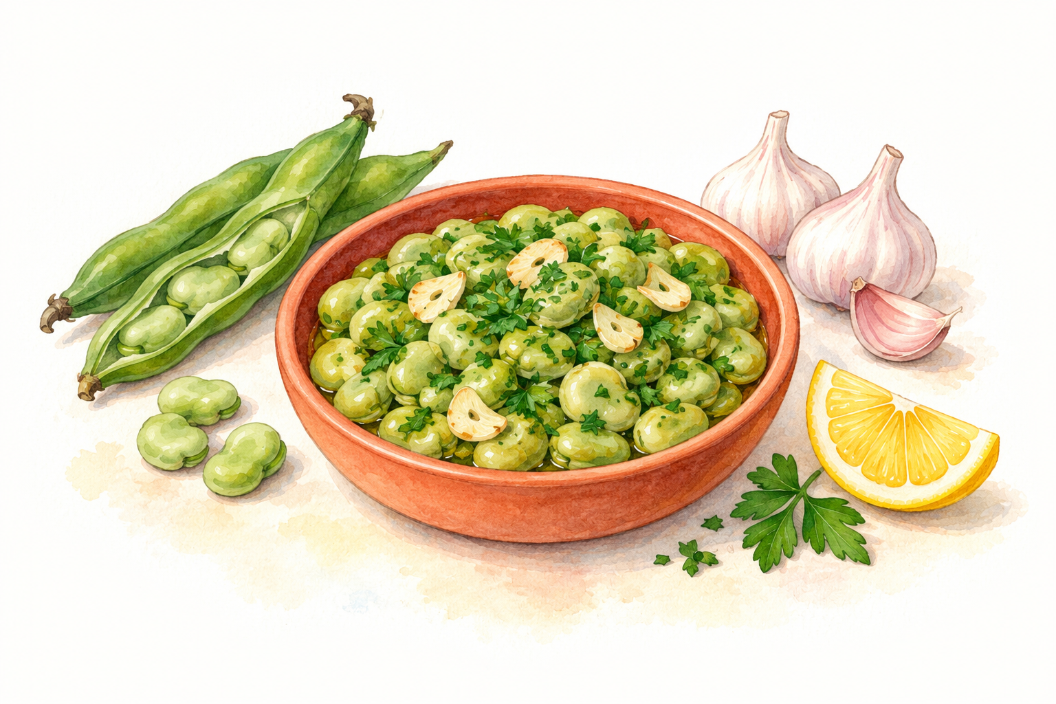 Watercolour illustration of whole green broad beans with sliced garlic, parsley and lemon.