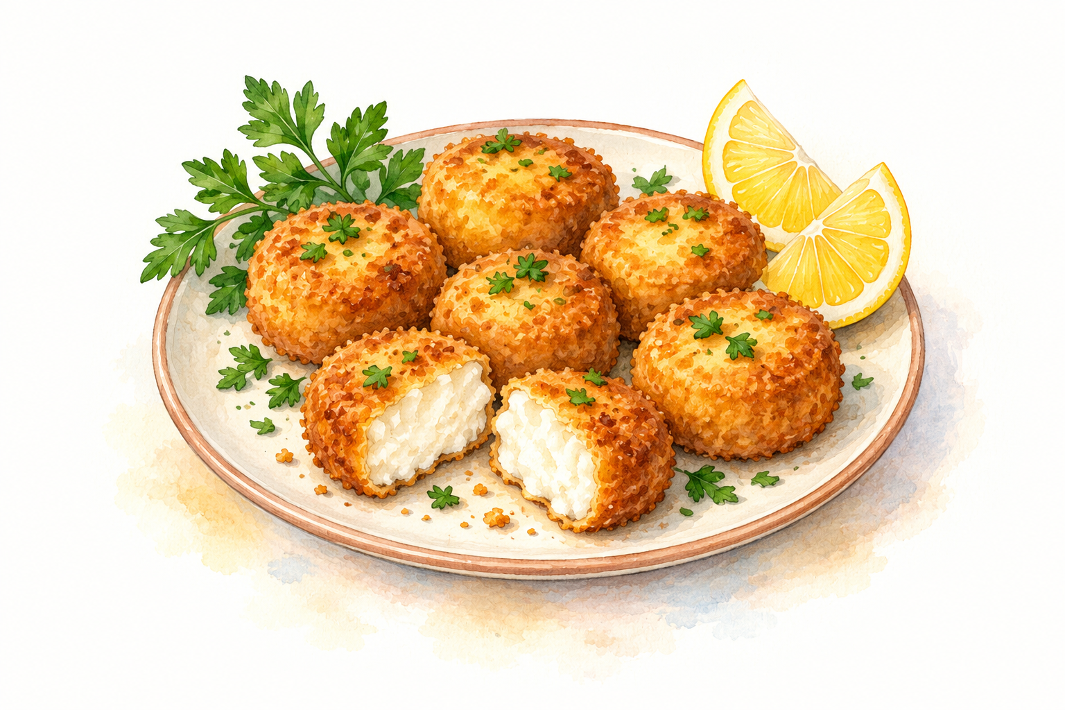 Watercolour illustration of golden breaded cheeselets with a soft white centre and lemon.