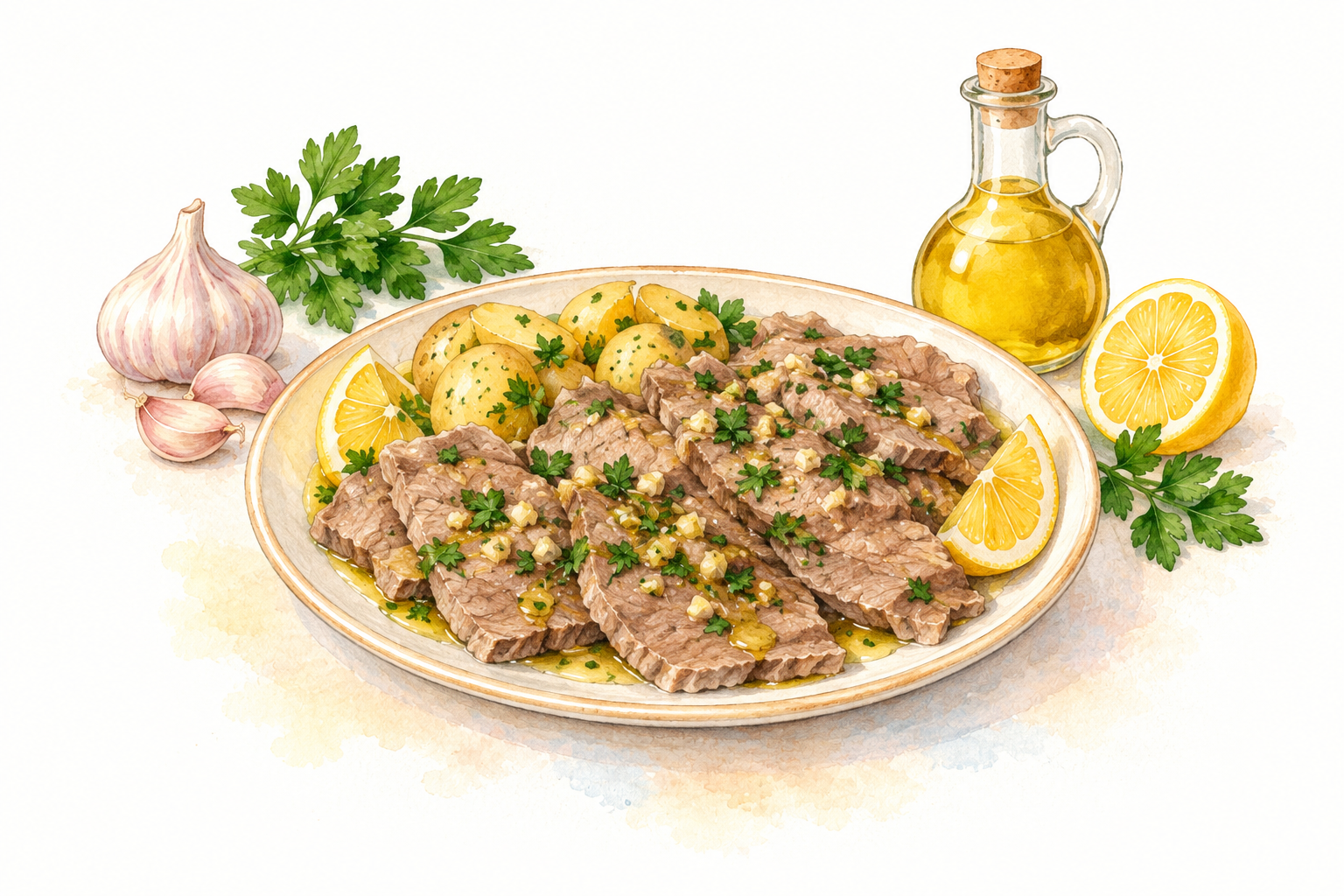Watercolour illustration of sliced simmered beef with garlic, parsley dressing and boiled potatoes.
