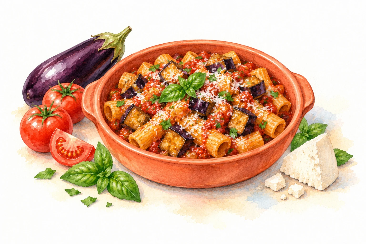 Pasta alla Norma with aubergine, tomato, basil and cheese