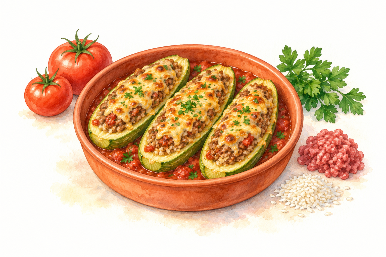 Watercolour illustration of baked marrow halves stuffed with beef, rice and tomato.