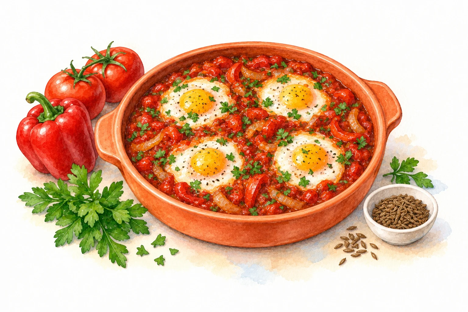 Shakshuka eggs in spiced tomato and red pepper sauce