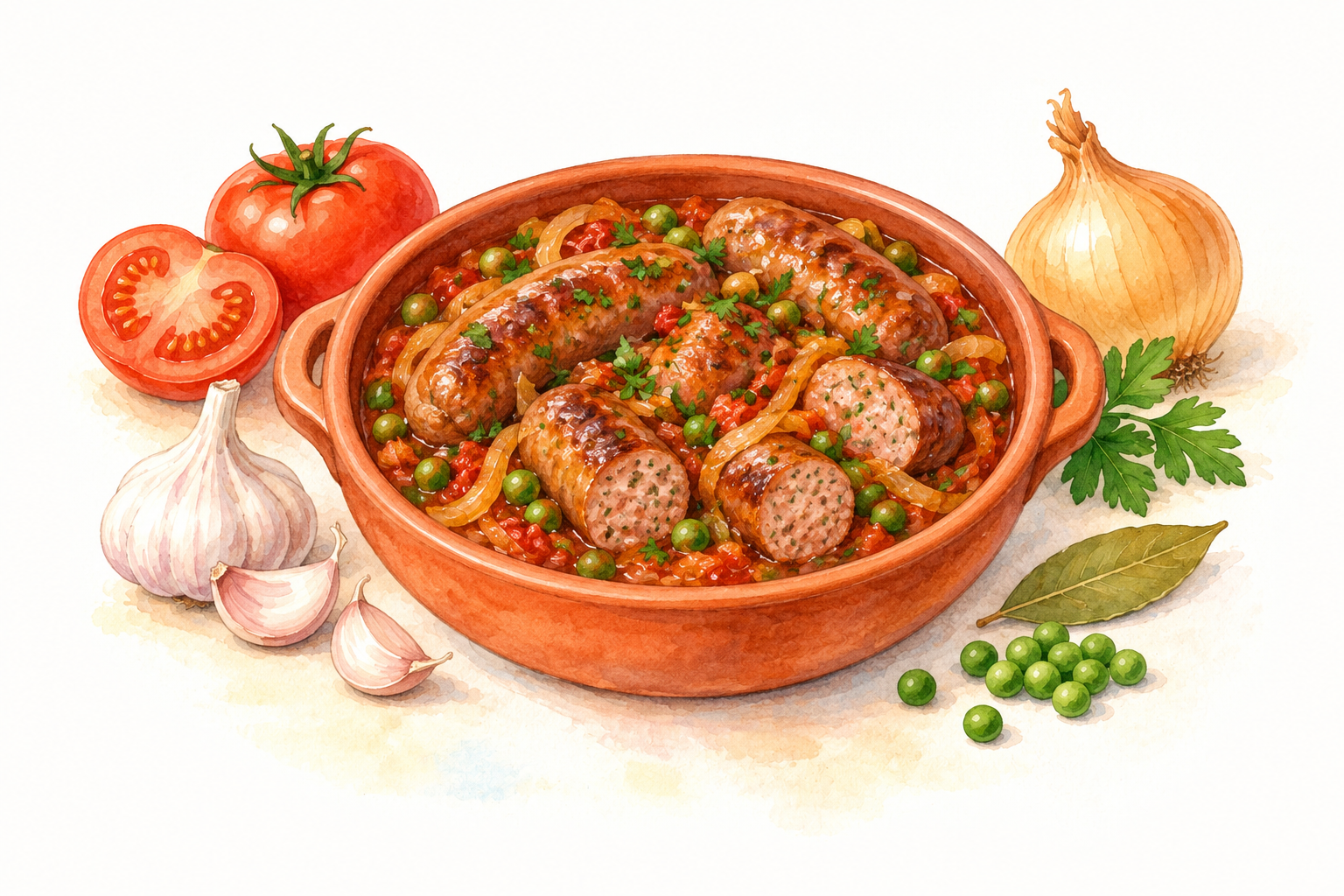 Watercolour illustration of Maltese pork sausages in tomato sauce with peas and parsley.